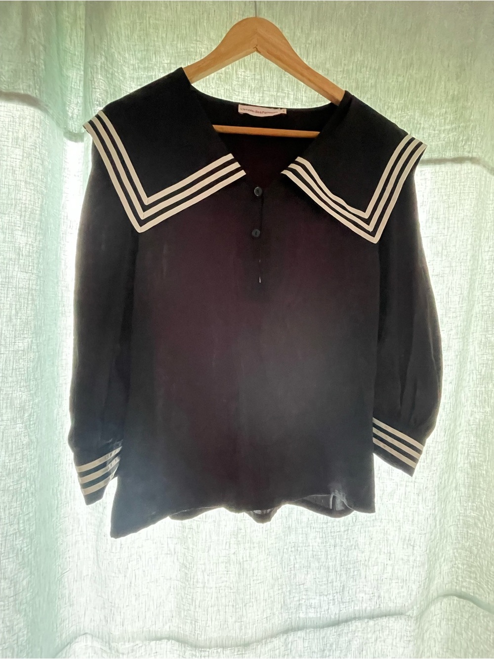l’École des Femmes Black Small Silk Sailor Collar Blouse with White Stripes